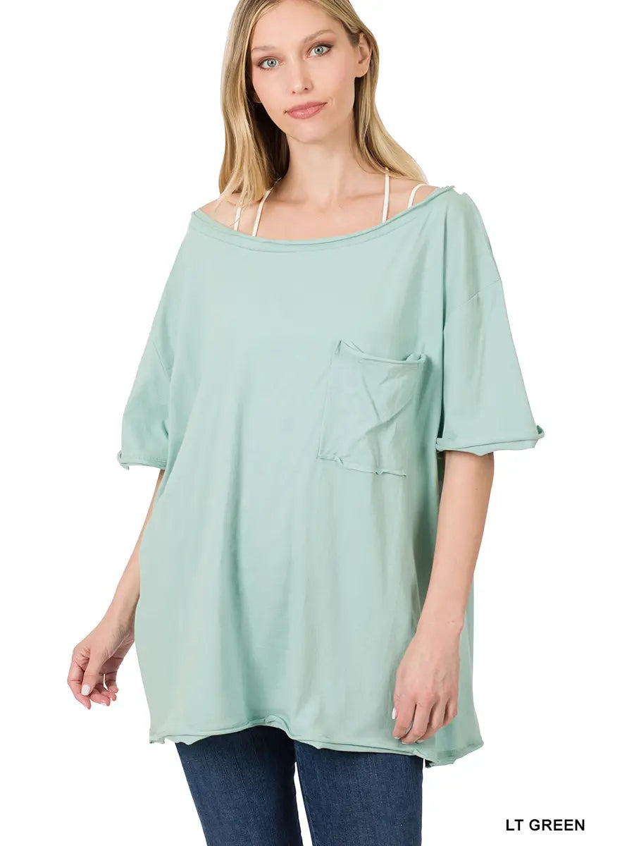 Oversized Boat Neck Front Pocket Raw Edge Boyfriend Tee image 0