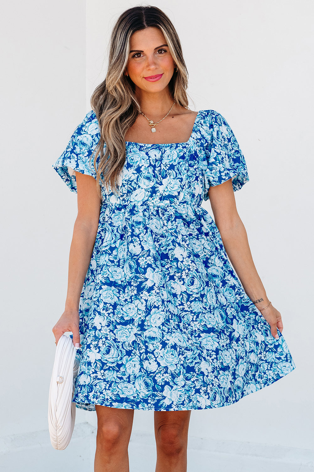 Blue Floral Puff Sleeve Babydoll Mini Dress image 0