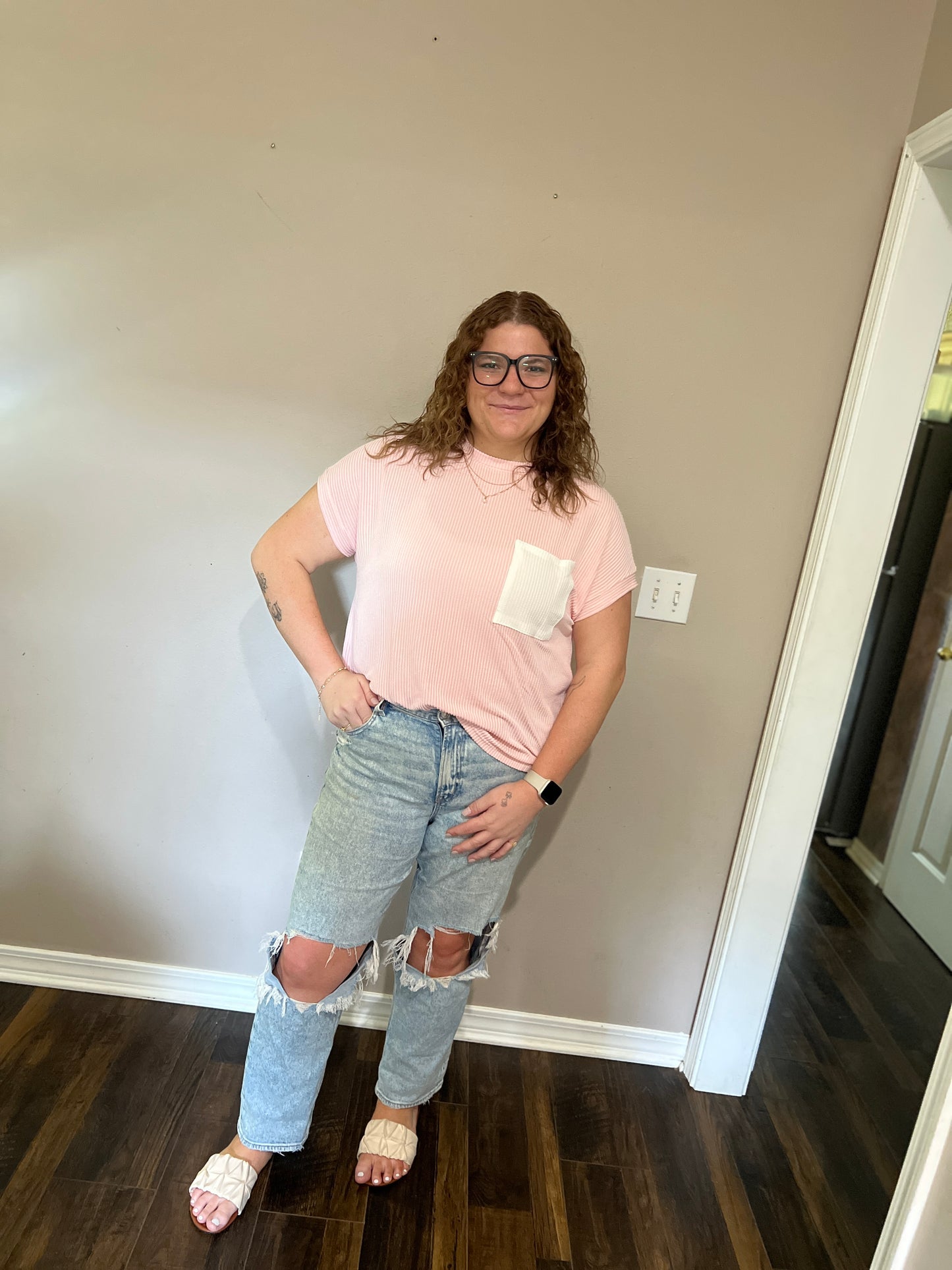 Corded Knit Color Block Pocketed Crew Neck T Shirt image 1