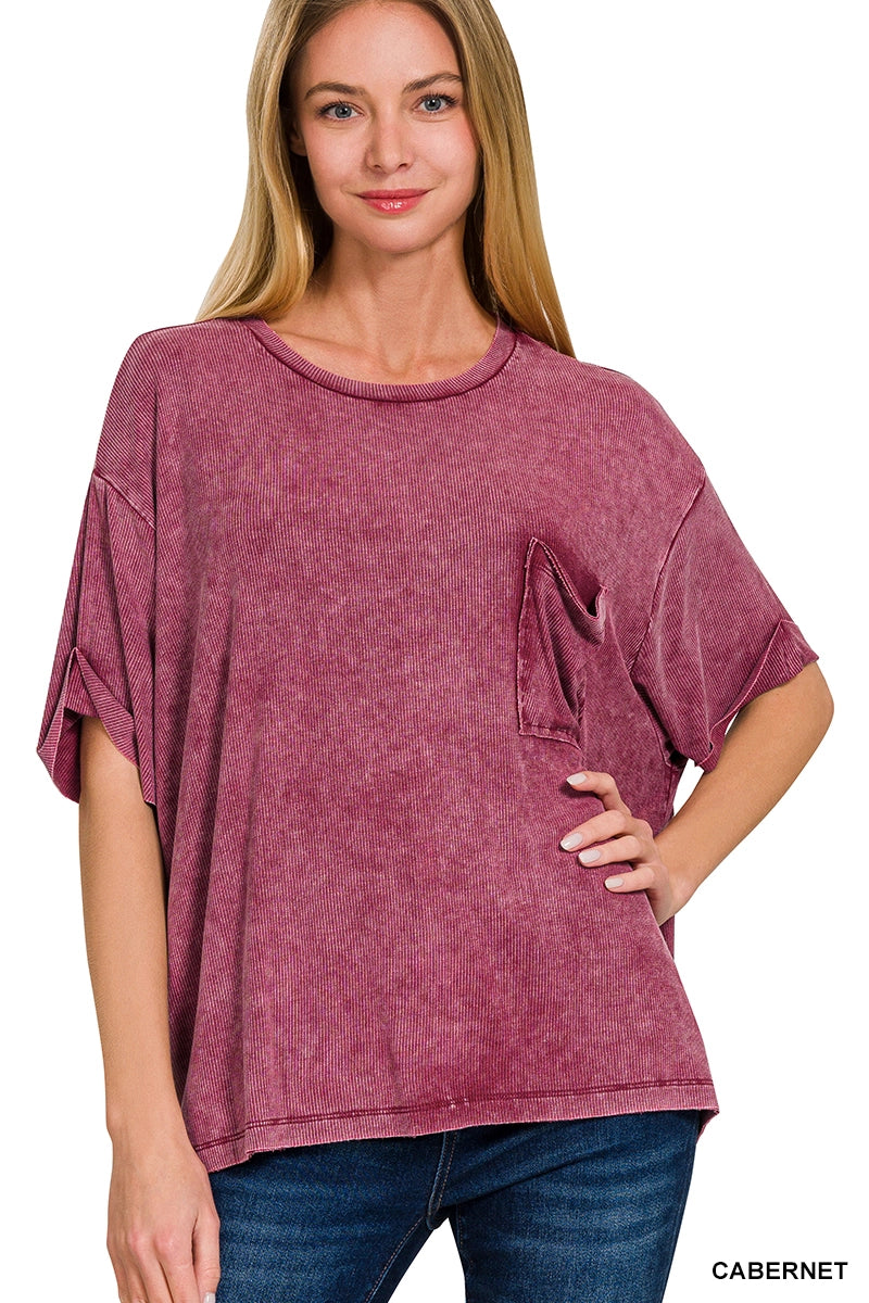 Washed Ribbed Cuffed Short Sleeve Top