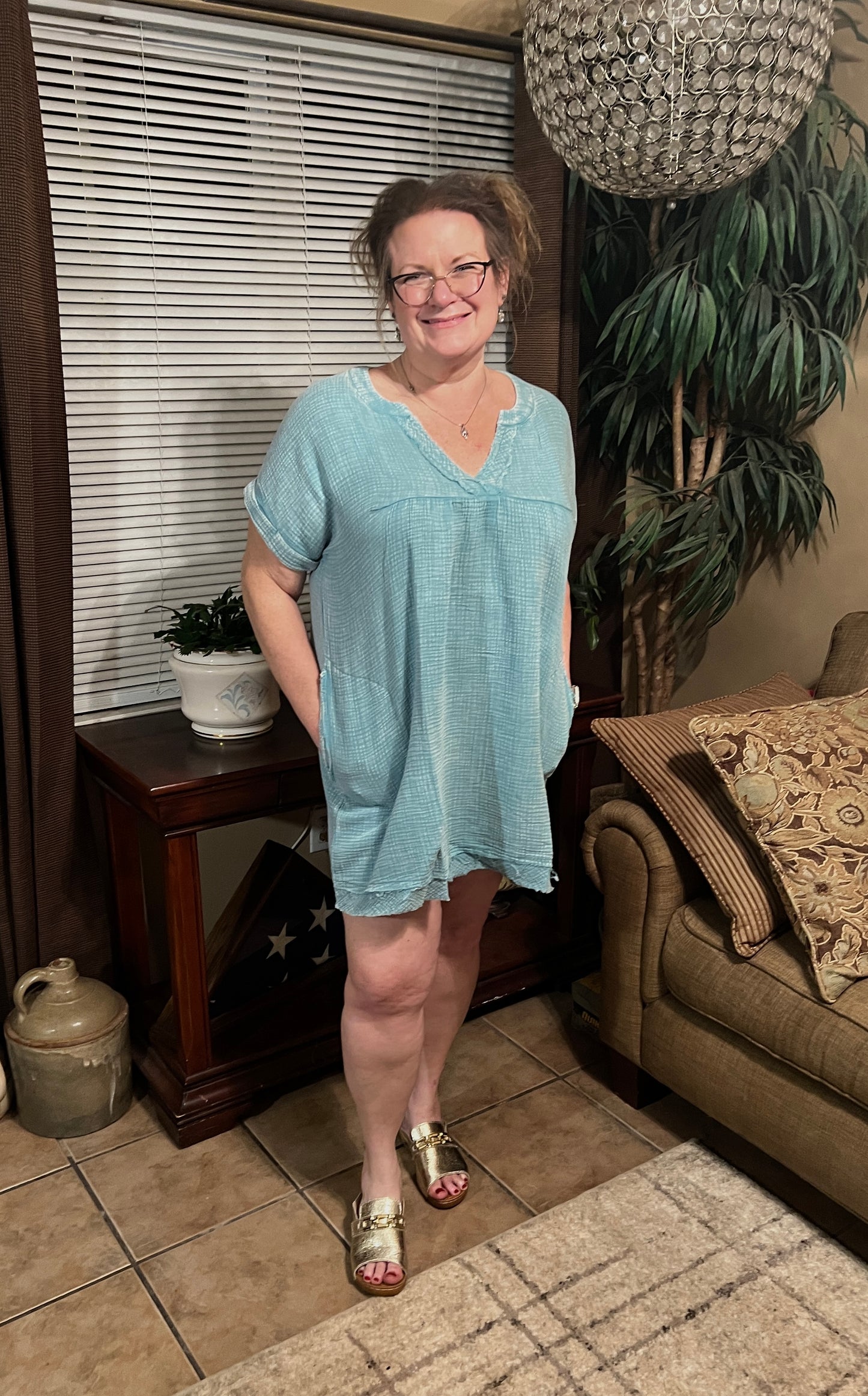 Washed Double Gauze Raw Edge Dress w/ Pockets image 0