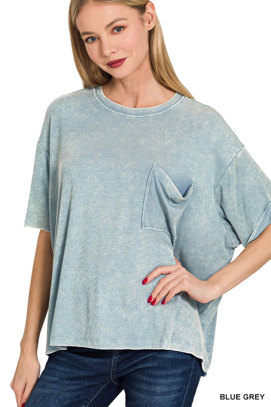 Washed Ribbed Cuffed Short Sleeve Top image 1