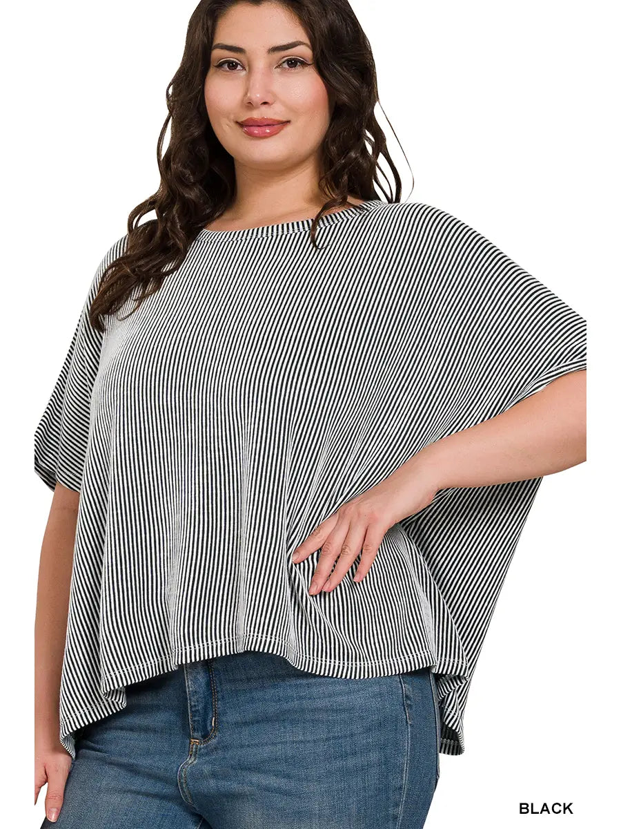 Plus Size Ribbed Striped Oversized Short Sleeve Top image 0