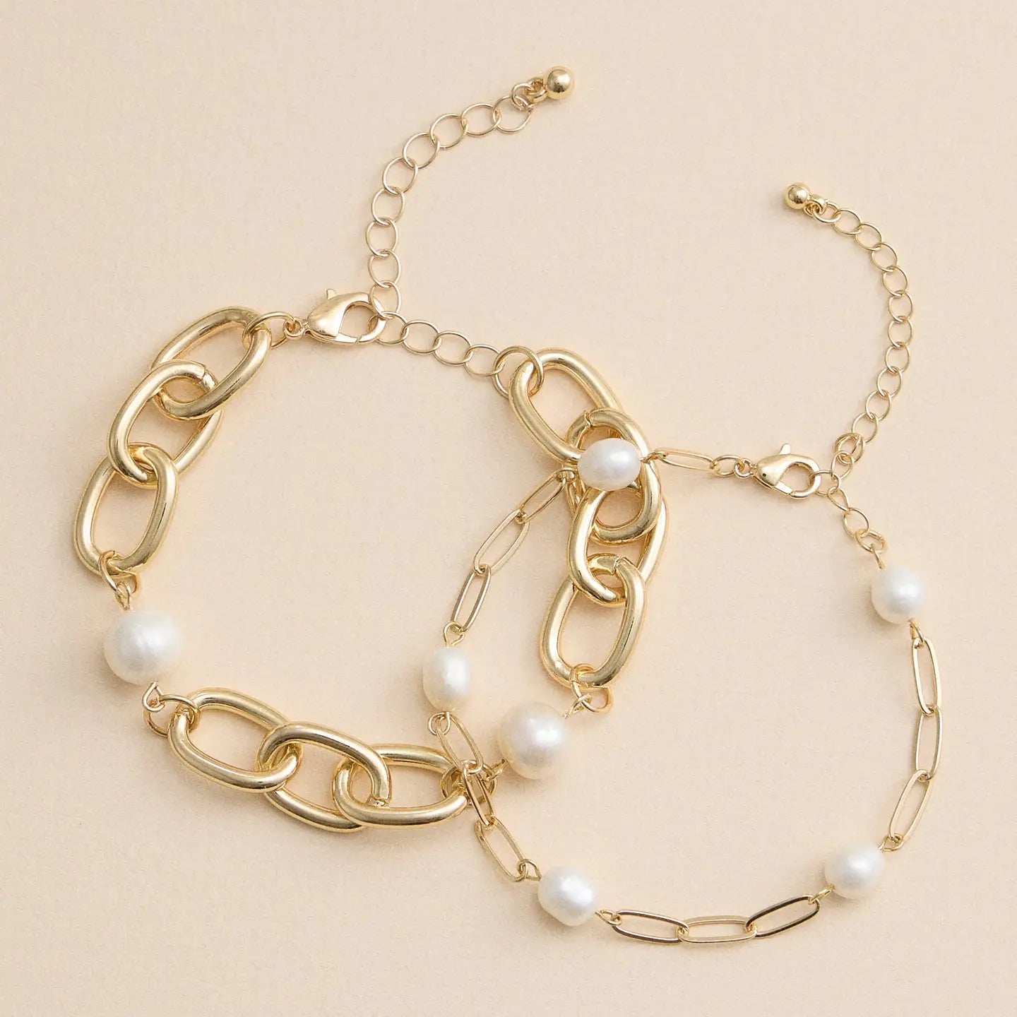 Gold Chain Link Bracelet with Freshwater Pearls – Elegant Layered Bracelet Set image 1