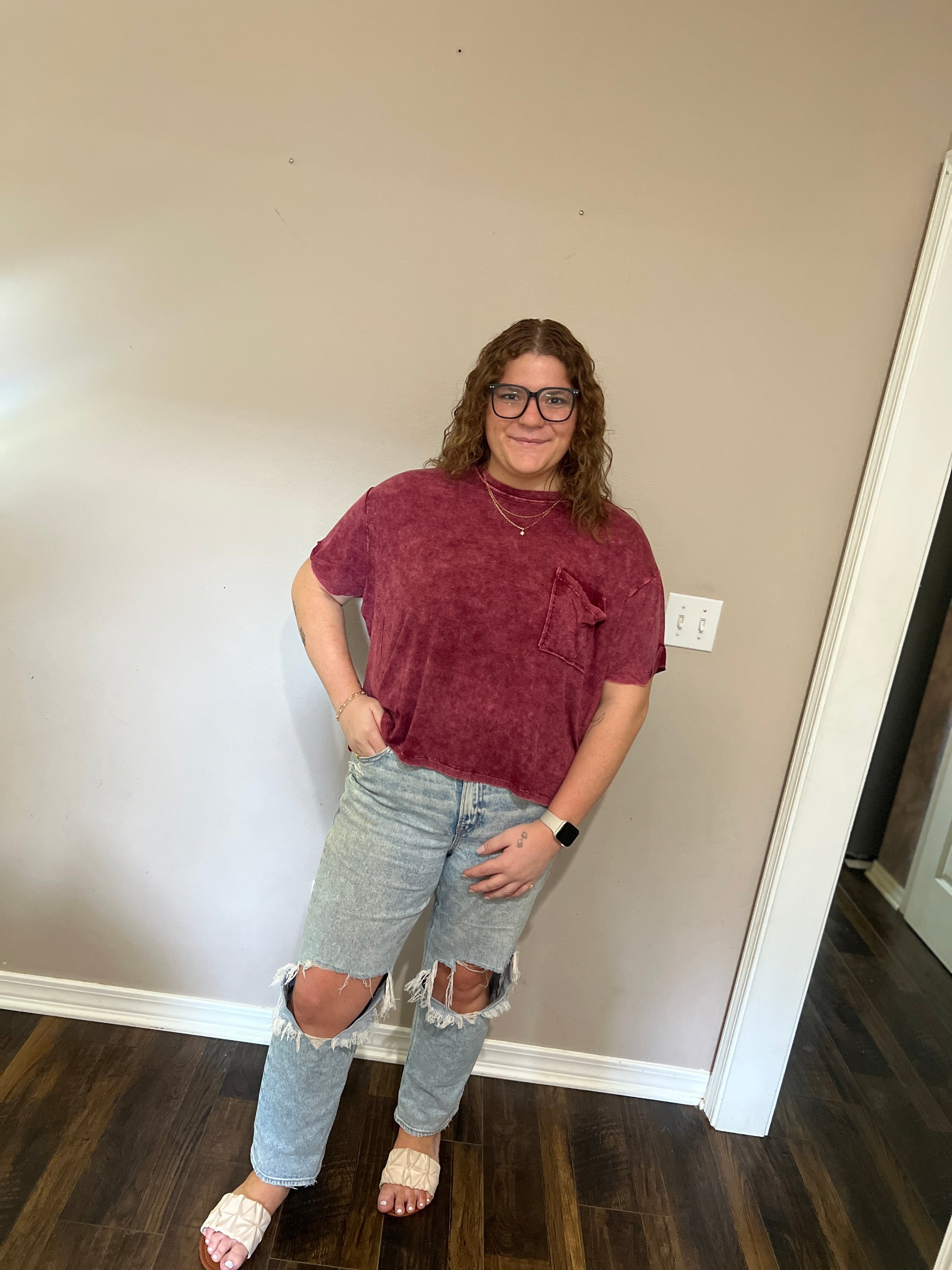 Washed Ribbed Cuffed Short Sleeve Top image 0