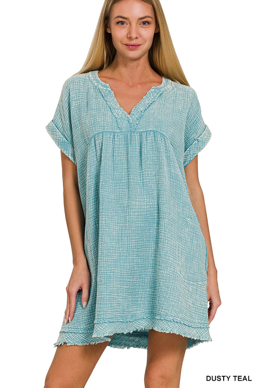 Washed Double Gauze Raw Edge Dress w/ Pockets
