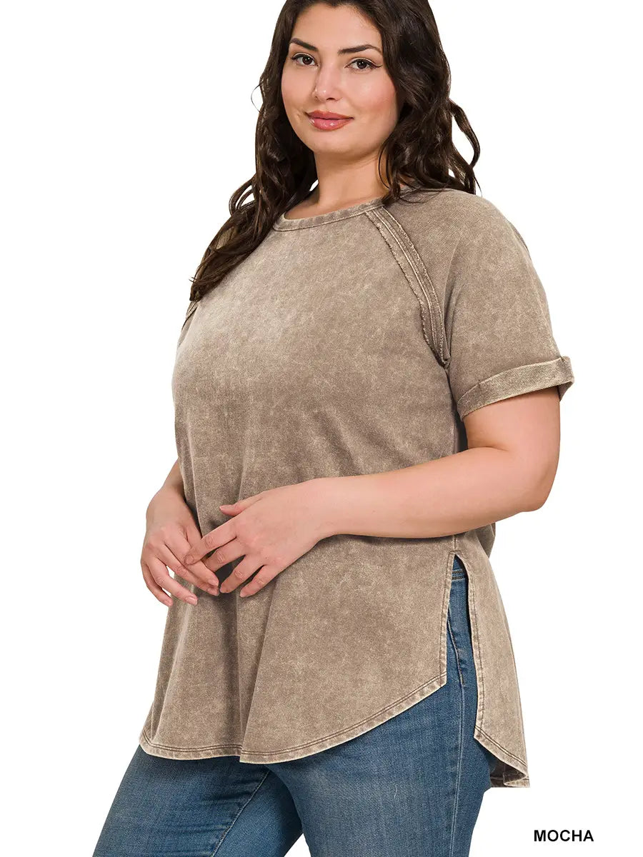 Plus Size French Terry Acid Wash Raw Edge Raglan image 0