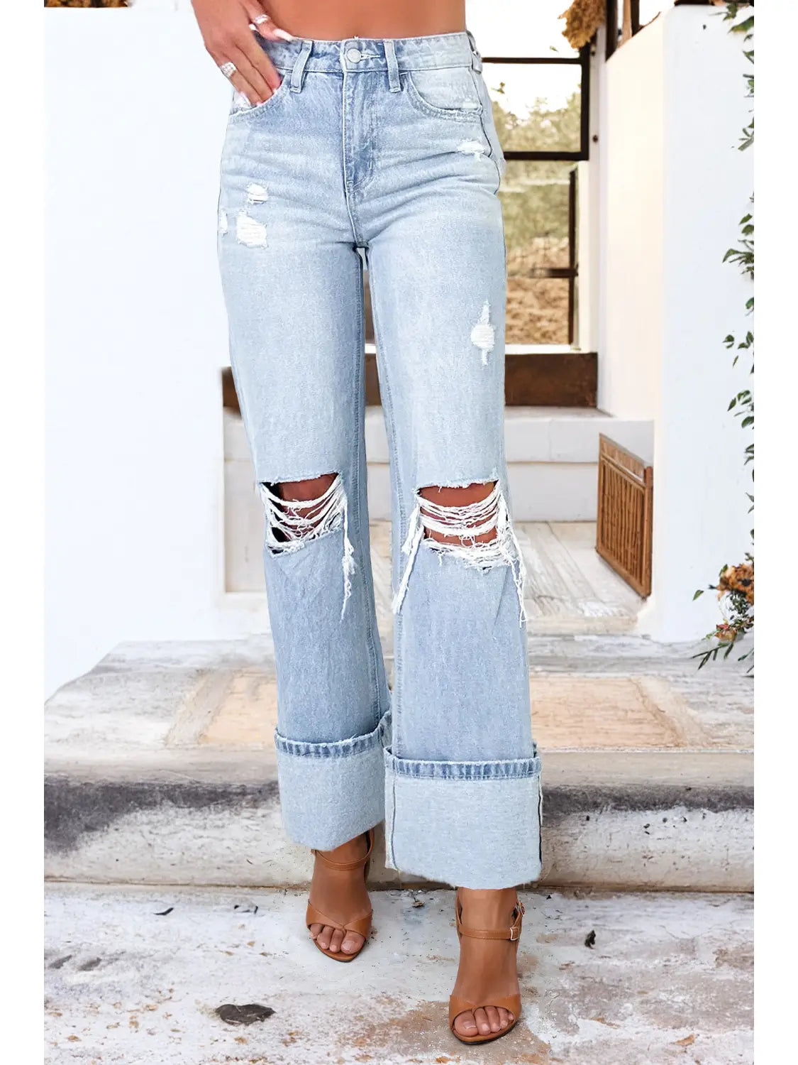 Light Wash Distressed Flare Jeans
